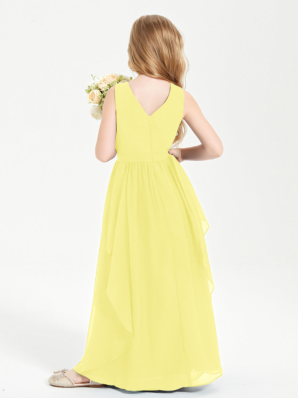 Boho Sleeveless Junior Chiffon Bridesmaids Gown Lemon
